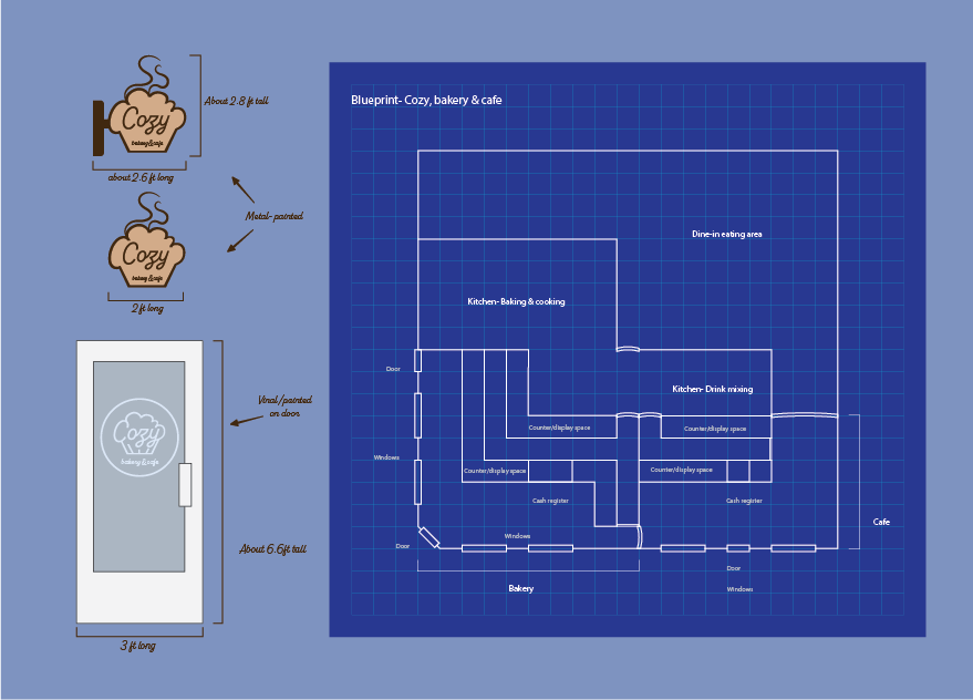 Illustration of the signage and blueprint of Cozy Bakery and Cafe.