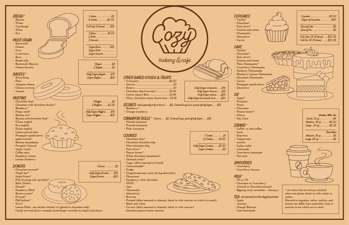 Front of Cozy Bakery and Cafe menu placemat.