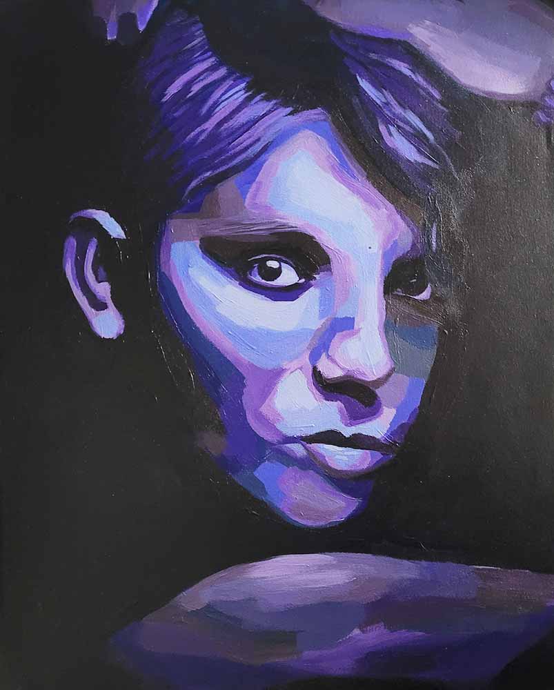 Portrait painting, blue and purple.