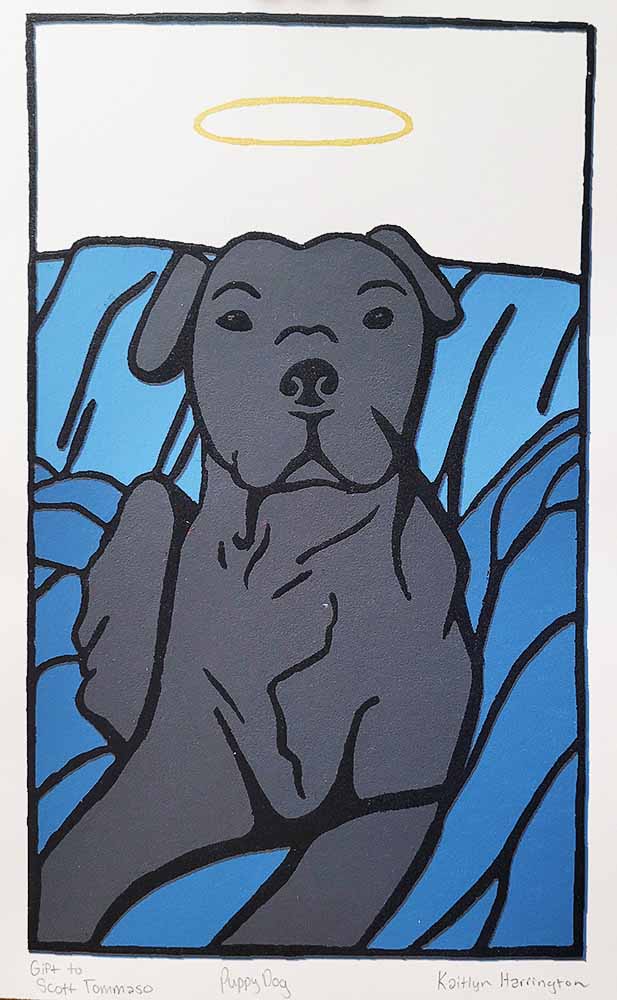 Screen printing artwork of a dog with a halo.