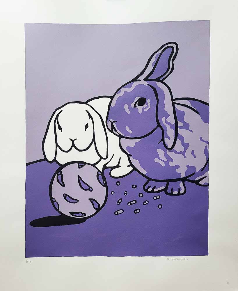 Screen printing artwork of 2 out of 4 rabbits.
