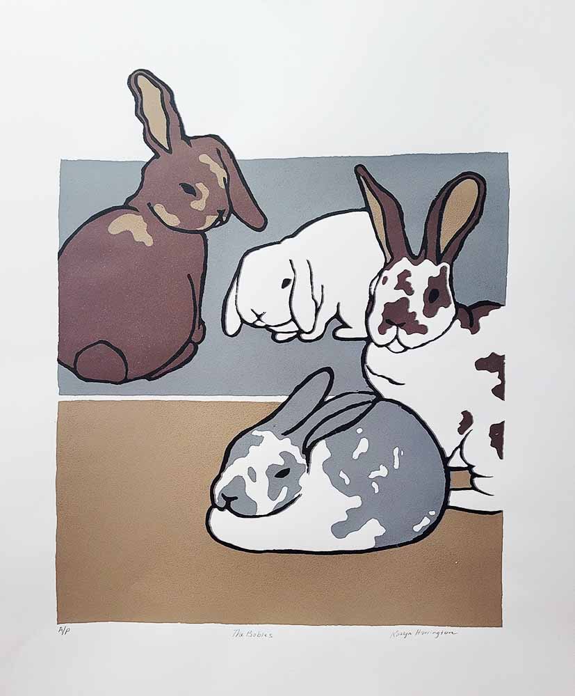 Screen printing artwork of 4 rabbits.